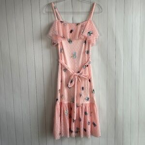 Betsey Johnson size 2 midi dress tulle ruffle embroidered bugs insects fairycore